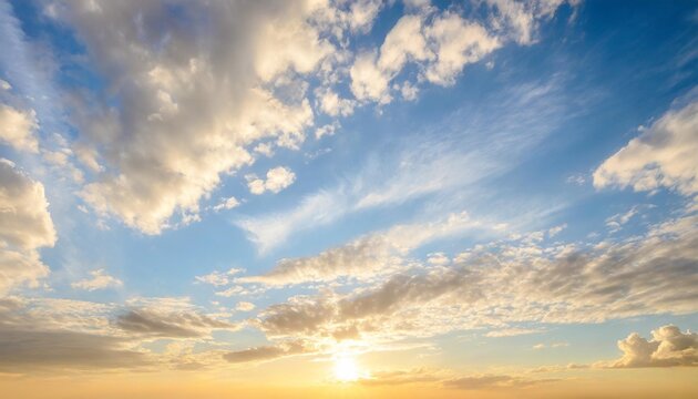 fantastic soft white clouds against blue sky background with sun bright