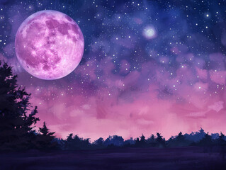 A large pink moon is in the sky above a field of trees. The sky is a deep purple color, and the stars are scattered throughout the sky. Scene is peaceful and serene, as the moon