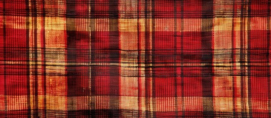 Fabric plaid pattern with red and amber colors in texture.