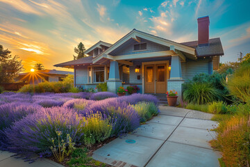 Sunrise glow on a lavender Craftsman style house, suburban freshness and tranquility at the start...