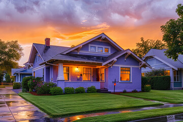 Sunrise painting a soft orange glow on a pastel purple Craftsman style house in a suburban setting, dew glistening on the surrounding grass, a new day awakening in a tranquil neighborhood