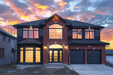 Sunset view of a newly constructed suburban house with a crimson brick exterior, large bay windows, and a double garage with blank labels for copy space - obrazy, fototapety, plakaty