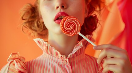 A youthful and attractive female model holding a lollipop, captured against a vibrant beige backdrop, showcasing a fashion editorial aesthetic.