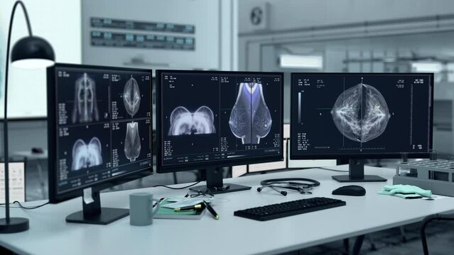 Performing the disease detection test using the modern medical technology. Disease detection test in the female breast tissue. Disease detection test analysing the patients chest cavity. Lab.