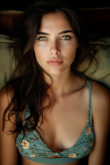 Fototapeta premium The image depicts a young beautiful brunette woman waking up in bed in the morning.