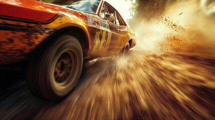 High speed shot of a rally car made from cinematic angle. Fast sports car with speed lines.