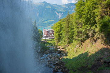 giessbach waterfall with view to hotel and lake Brienzersee, Bernese Alps