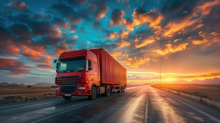 Trucks with containers on the highway at sunset. Logistics import export and cargo transportation industry concept
