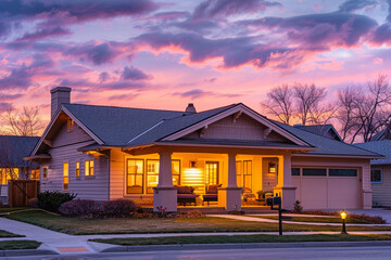 Twilight setting with a pink and purple sky behind a beige Craftsman style house in a suburban...