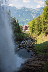 giessbach waterfall with view to hotel and lake Brienzersee, Bernese Alps