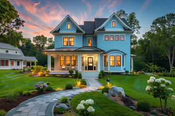 Elegant new suburban house with a delicate powder blue exterior, accented by sophisticated landscaping and a charming stone path leading to the welcoming 