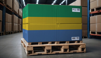 Cardboard boxes and a pallet with the Gabon flag, symbolizing export-import business