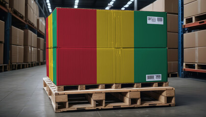 Cardboard boxes and a pallet with the Guinea flag, symbolizing export-import business