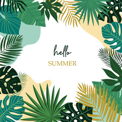 Fototapeta na wymiar Summer abstract background, banner, poster with tropical leaves. Jungle exotic leaves. Modern trendy colorful design. Vector template for social media posts.