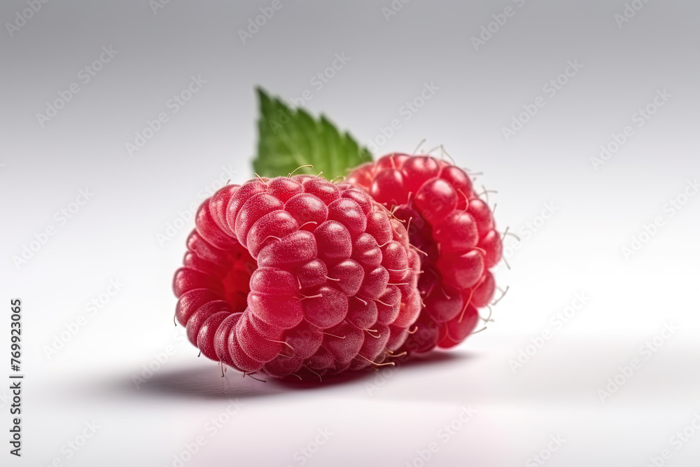 Wall mural raspberry on white background. juicy red berry, fresh and sweet.