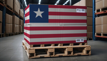 Cardboard boxes and a pallet with the Liberia flag, symbolizing export-import business