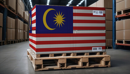 Cardboard boxes and a pallet with the Malaysia flag, symbolizing export-import business