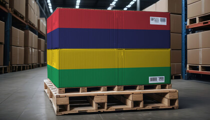 Cardboard boxes and a pallet with the Mauritius flag, symbolizing export-import business - obrazy, fototapety, plakaty