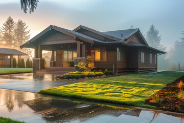 Fresh morning atmosphere with light fog, showcasing a chocolate brown Craftsman style house in a suburban setting, wet grass reflecting the early sun, daybreak serenity