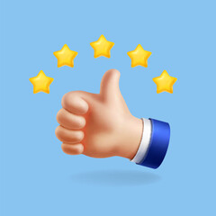 Thumb up five star icon. Positive feedback. Like sign, good rating. Best review. Approval symbol Vector illustration 3d