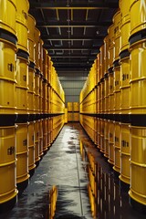 Rows of yellow industrial barrels stored in a warehouse. Warehouse rhythm, rows of storage barrels.