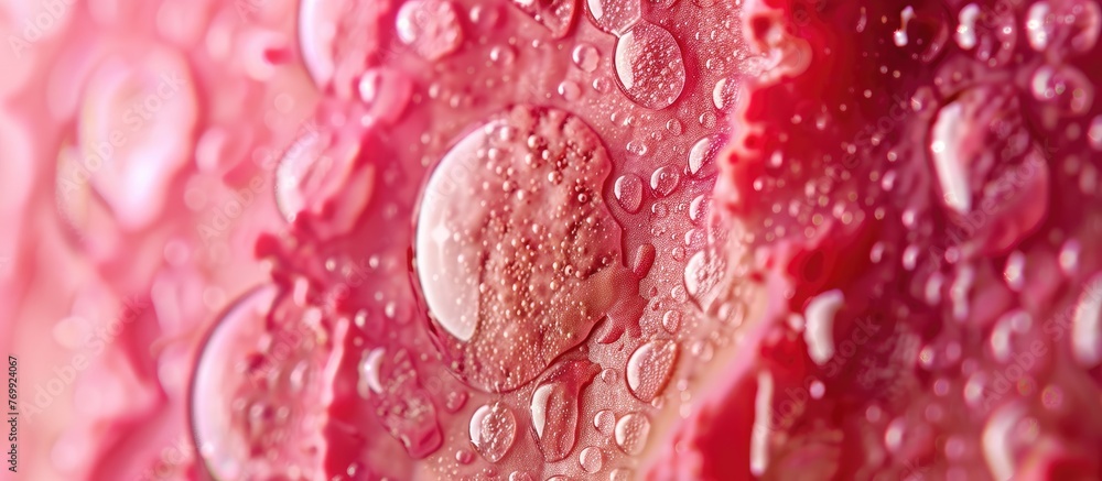 Poster macro photography capturing water drops on a pink surface, creating a beautiful pattern of circles i