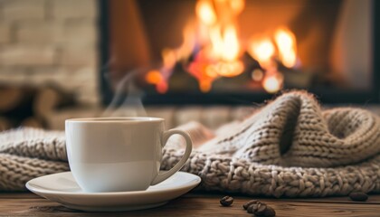 A cup of coffee sits on the table in front of an open fireplace, with warm blankets draped over it