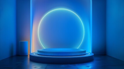 
Mockup of abstract minimal wall scene mockup product display with modern geometric forms on a 3D blue holo background, Vector geometric forms. Stage showcase ai generated 
