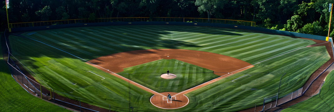 Baseball Field With Central Baseball Diamond,
Low angle selective focus view of a baseball 