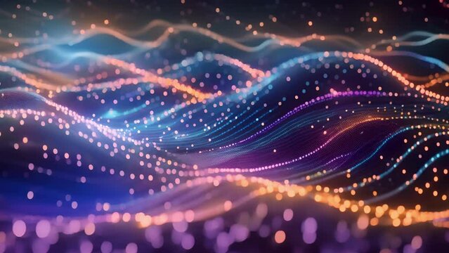 Abstract Futuristic Connecting Dots and Lines Wave. Abstract visualization of digital wave made up of connecting dots and lines on dark, space-like background. Colorful Illustrative 3D Animation.