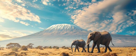 Elephant on the background of Mount Kilimanjaro in the national reserve. AI generated illustration - obrazy, fototapety, plakaty