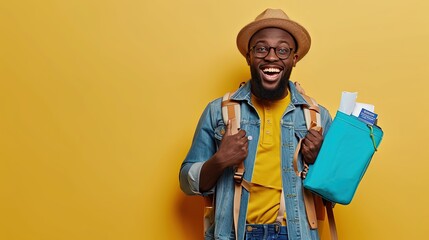 Travel, vacation or business concept. Excited dark skinned man with backpack. On a mission! Dark-skinned man with wanderlust on orange background. - obrazy, fototapety, plakaty