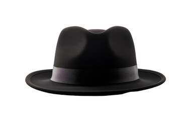 A black hat with a sleek band around the brim sits against a contrasting backdrop