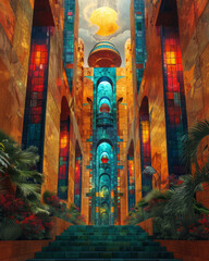 Fototapeta na wymiar create a jungle scene with symetrical geometry, steampunk vibes with blue green and yellow and red cartoon colors, spiritual vibes,generative ai
