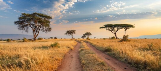 Sunset in savannah of Africa with acacia trees, Safari in Serengeti of Tanzania. AI generated illustration