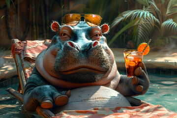 Cartoon hippo with a cocktail lies on a sun lounger by the pool - obrazy, fototapety, plakaty