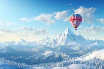 Fototapeta premium Winter hot air balloon ride over a snow-covered mountain range.
