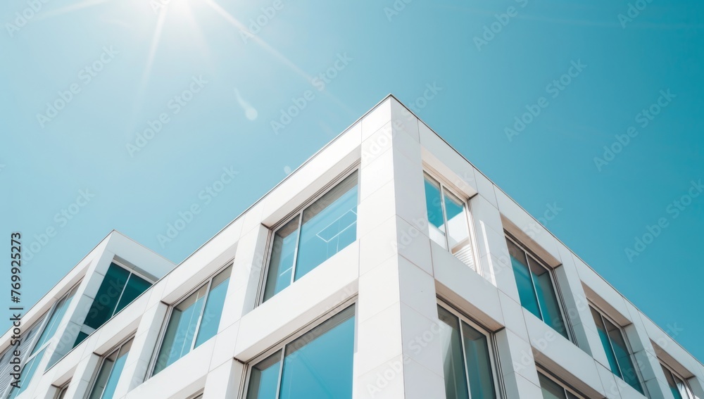 Poster modern architecture, white building with geometric shapes and windows, clear blue sky in the backgro