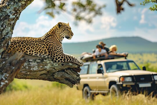 Tourists watching wild leopard walking in african savannah. AI generated illustration
