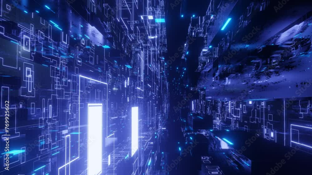 Poster glow line form pattern like sci-fi hologram. fly through technology cyberspace with blue neon glow. 