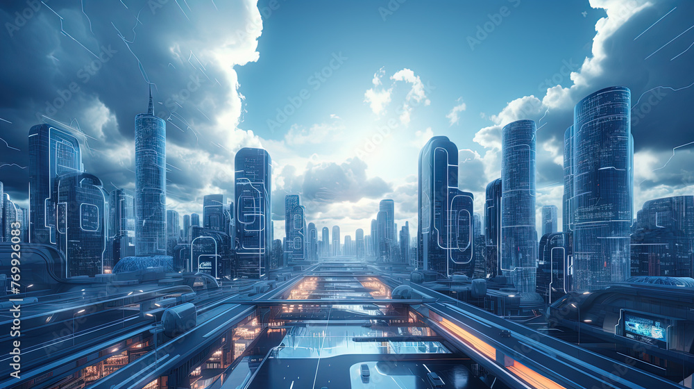 Poster concept of a digital city with cloud connections. futuristic network in the clouds.