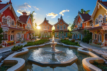 A small, vibrant town square surrounded by miniature, colorful houses with intricate details on...