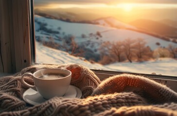 A cup of hot coffee with milk on the table, a winter landscape outside the window, a cozy blanket...