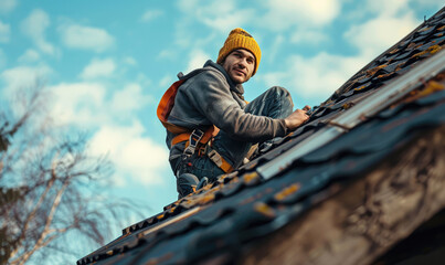 A man repairs an old roof on a house