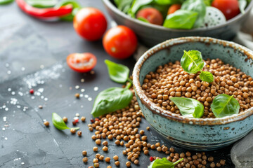 Fresh Lentil Salad Preparation with Basil and Tomatoes on Kitchen Table