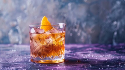 Old Fashioned cocktail presented against a purple background. An alcoholic beverage served in a glass. - obrazy, fototapety, plakaty