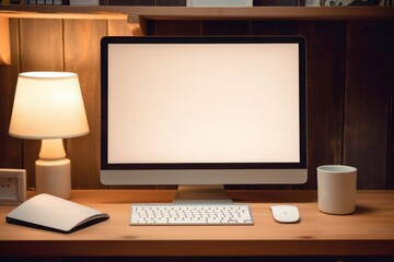 A mockup of a blank computer screen sitting on a table,  in a home office setup.	

