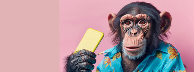 angry monkey wearing blue beach suit hand holding phone and banana,generative ai - obrazy, fototapety, plakaty