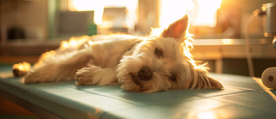 A beautiful little dog with a sad face, lying on a stretcher at the vet's office. Concept of pets, care, veterinary.