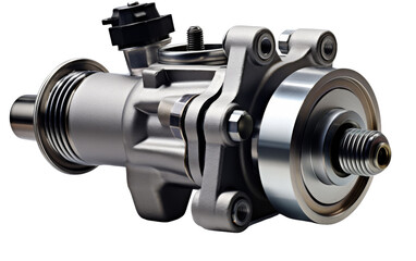 A detailed close-up of a gleaming metal object on a plain white backdrop